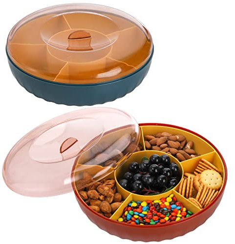 SOUJOY 2 Stück unterteiltes Serviertablett mit Deckel, 6 Fächer, Gemüse-Tablett, 25,4 cm runde, wiederverwendbare Snack-Behälter, Partyplatte für Süßigkeiten, Vorspeisen, Snacks, Obst, Gemüse, Partys