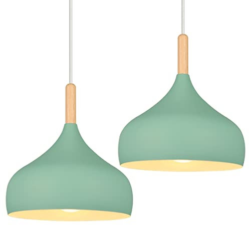 iDEGU 2 Piezas Lámpara Colgante Moderna, 24cm Lámpara de Techo Retro en Madera Metal Estilo Escandinavo Vintage Iluminación E27 Luz de Techo Interior para Comedor Salon Dormitorio (Verde)