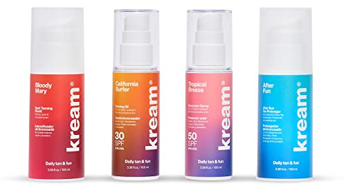 KREAM Travel Summer Pack, Intensificador del Bronceado 100ml + Aceite Bronceador SPF30 100ml + Protector Solar SPF50 100ml + Crema Hidratante 100ml