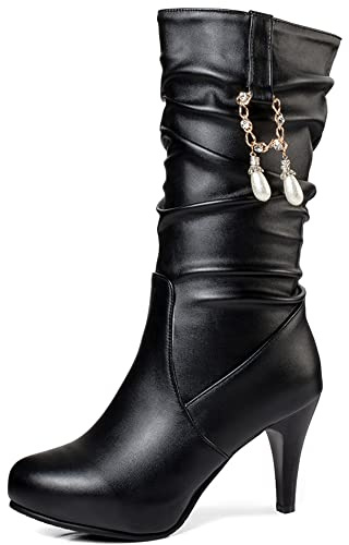Bottes Mi-Mollet À Talon Aiguille Femme, Bottes Habillées Elegant A Enfiler Bottes Longue Talons Hauts Bout Rond Beaded 322 Noir Taille 35 EU