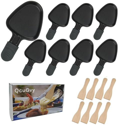 QcuGvy 4 Sartenes Pequeñas para Raclette Grill con 4 Espátulas para Raclette y Revestimiento Antiadherente Accesorios para Raclette Mango Aislado (Cuadrado)