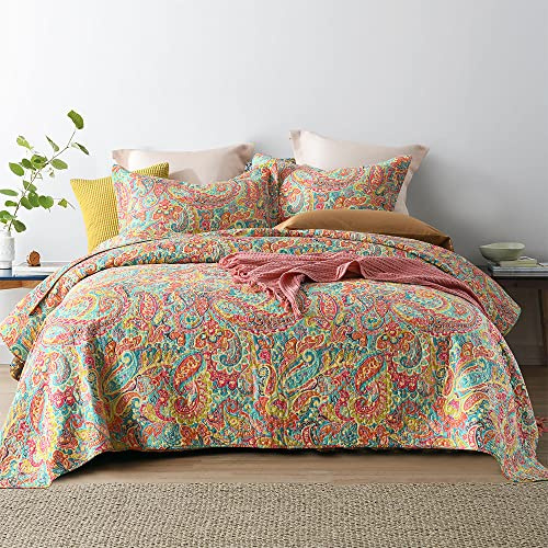 ENASAL Tagesdecke Bettdecke aus Baumwolle 220x240cm, Bettüberwurf 250x270 Paisley Blumen Ganzjahresdecke Sofaüberwurf Gesteppte Decke Steppdecke mit 2 Kissenbezug für Doppelbett