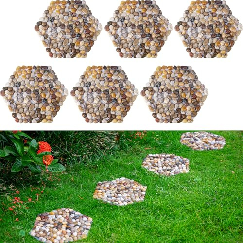 Trittsteine für den Außenbereich, natürlicher Flussfelsgarten, Set mit 6 runden Kieselsteinen für Gehwege, Hof, Rasen, Terrasse, Weg und Landschaftsbau (Hexagon)