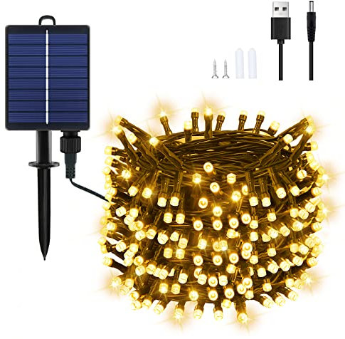 Dalugo Catena di luci a energia solare per esterni, 22M 200 LED Catena di luci a energia solare a luce bianca calda per esterni, resistente agli agenti atmosferici, 8 modalità di illuminazione, catena