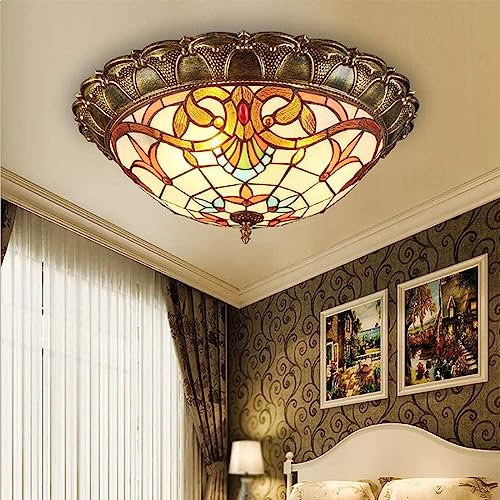Plafones LED Tiffany antiguo techo Salón pastoral barroco lámpara de techo vendimia dormitorio regulable Mediterráneo Luz Vidriera Sombra Decorativa Oficina Comedor Cocina sala de estar Lámpara, Ø52cm