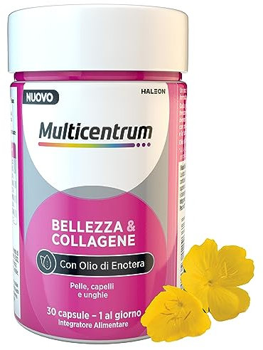 Multicentrum Bellezza & Collagene, Integratore Alimentare con Collagene, Biotina, Vitamina C, Olio di Enotera, formula completa per pelle, capelli, unghie, Adulti, 30 capsule
