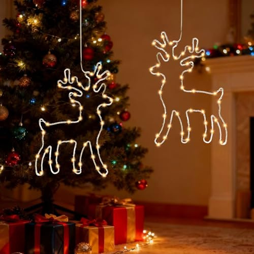 Beleuchtet Rentier Weihnachtsdeko Mit Timer, 2 Stück 80 Warmweiß LED Fenster Beleuchtung Lichterketten 8 Modi Batteriebetrieben Deko für Weihnachten Halloween, Kaminsimsen, Balkon, Party, Hochzeit