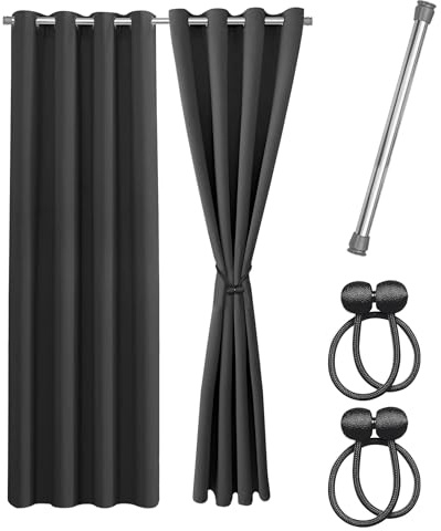 Cozyor Praktisches Set ohne Bohren: 2X Vorhang + 1x Klemmstange Silber 111-200 cm + 2X Raffhalter mit Magnet Blickdicht & verdunkelnd, als Raumteiler, Fenster & Tür Anthrazit Thermovorhang 160x135cm
