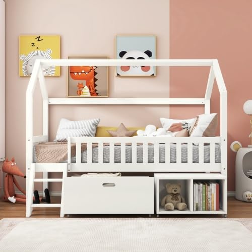 Kayan Wooden House Bed with Drawers and Storage Compartments for Kids, Solid Pine Wood, 3 FT Single Tree House, Canopy Bed with Anti-fall Railings for Children Girls and Boys, 190 * 90cm