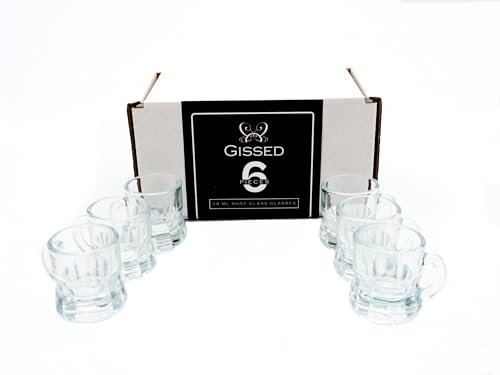 Gissed. Pack de 6 Vasos de Chupito de Cristal Únicos en Forma de Jarrita de Cerveza con Asa - 28 ml, Perfectos para Fiestas, Degustaciones y Coleccionistas