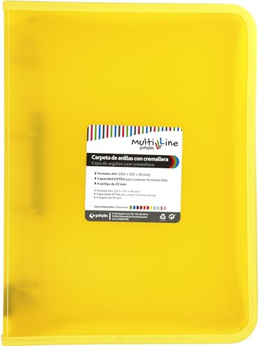 Grafoplás | Ringpärm med A4+ dragkedja | Gul | Multiline | 4 x 25 mm blandade ringar | Vertikalt randigt polypropylenskydd | Extra kapacitet för pappersark i folioformat
