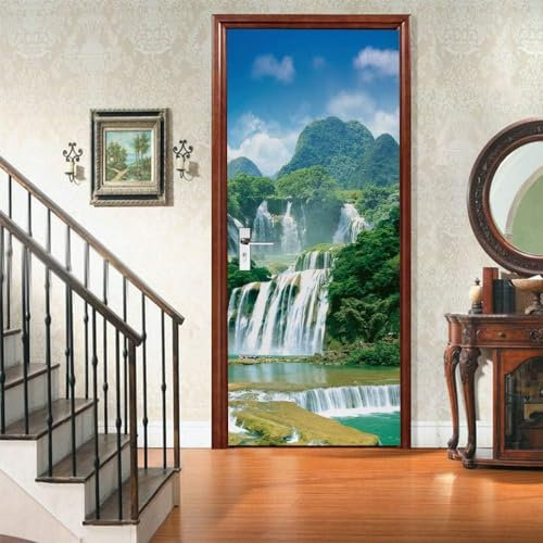 3D Türtapete Selbstklebend Berge, Wald, Wasserfalllandschaft 80 X 200 Cm Türposter Fototapete, Schlafzimmer Wohnzimmertür Aufzug Tür Aufkleber - Kinderzimmer, Küche, Arbeitszimmer, Büro, Türf -2Q4O0B3