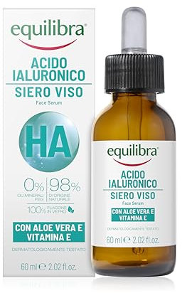 Equilibra, Siero Viso Acido Ialuronico a Diversi Pesi Molecolari, 60 ml, con Aloe Vera Equilibra e Vitamina E, Siero Gel Facilmente Assorbibile, Dermatologicamente Testato e Adatto a Pelli Sensibili