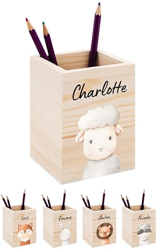 Bärenfreunde® - Personalisierter Stiftehalter Kinder aus Holz - Kreativer und praktischer Schreibtisch-Organizer Kinder mit Namen - Perfektes Einschulung Geschenk und Geburtstag (Schaf)