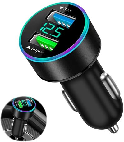 2 Puertos Cargador Movil Coche, 66W Cargador Mechero USB Carga Rapida con Voltímetro LED - USB 3.1A + Super Charge - Compatible con Galaxy, Tabletas