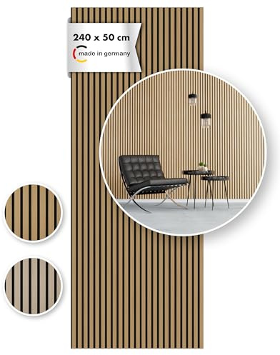 Momento Akustikpaneele Holz 240x50 cm - Made in Germany - Eiche Geölt Dekor - Wandverkleidung Wandpaneele Holz Eiche als 3D Lamellenwand für effektiven Schallschutz - Akustik Holzpaneele Wand