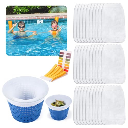 30 Pieces Pool Skimmer, Pool Skimmer Socks, Pool Skimmer Socks, Skimmer Pool Filter with pH Test Strips [80 Pieces],Reusable Swimming Pool Skimmer Socks