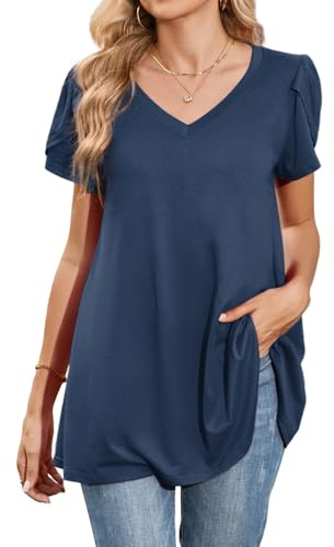 Enmain damblusar kortärmad sommartoppar för kvinnor plus size v-ringad lös passform uppklädd tunika toppar vardaglig swing-t-shirt, Blå (Haze blå), XXL