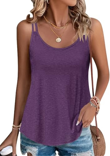 PLOKNRD Damen Tank Top Sommer Spaghetti Oberteile Ärmellose Rundhalsausschnitt Shirt Blusen Tops Lila XL