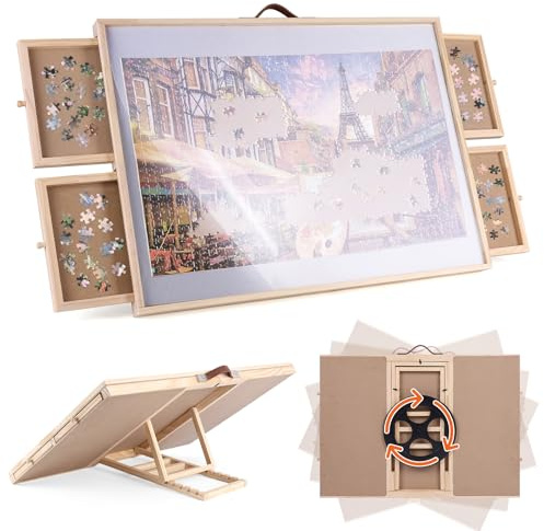 Ruication Jigsaw Puzzle Board Folding Tilting Puzzle Table Rotating Wooden Jigsaw Board Non-Slip Mat Surface for 1500 pieces 4 Sliding Drawers Storage System For Adults Gift