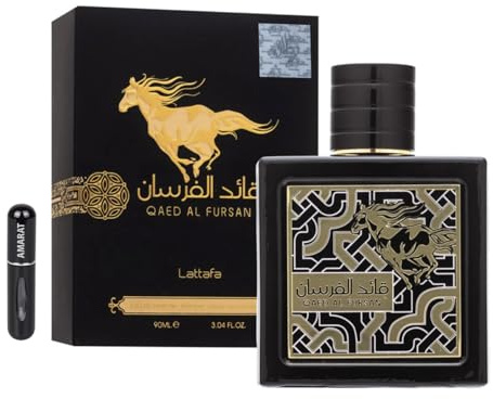 Qaed Al Fursan Original Parfüm 90ML, Arabisches Parfüm mit Langer Haltbarkeit, Eau de Parfum Importiert aus Dubai, Inklusive Nachfüllbarem Zerstäuber 5ML, Holziger und Raffinierter Duft (Schwarz)