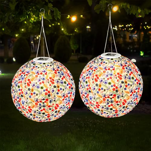 NAVESO Lampions Solar Außen, 2 Stück 30cm Lampions Außen Wetterfest, Nylon Solarlampions für Außen Hängend, Gartenlaterne für Draußen, Lampions Led Bunt für Garten, Hof, Terrasse, Hochzeit
