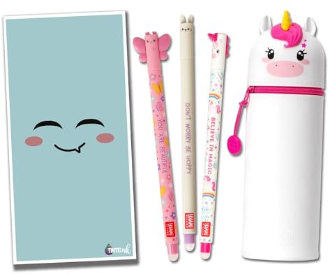 Tinte Ink Legami radierbare Stifte mit passendem 2-in-1-Silikon-Federmäppchen, Geschenkumschlag! - Wählen Sie süßes Design! (Einhorn-Etui-Set)