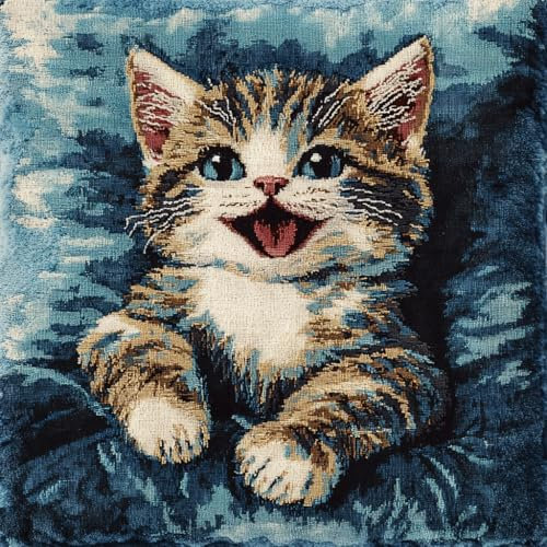 AMBATTERY Kit Completo de Cojines de Punto de Cruz, Gato animal Cojines de Punto de Cruz DIY 45X45cm Funda De Almohada Bordada A Mano con Hilos y Aguja Completos Pre-Impresa