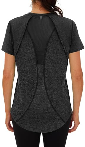 Wayleb Sportshirt Damen Kurzarm, Rundhals Sport T-Shirt Leicht Atmungsaktiv Funktionsshirt Laufshirt Trainingsshirt Back Mesh Locker Lang Fitness-T-Shirt Sportoberteile, Carbon Schwarz XXL