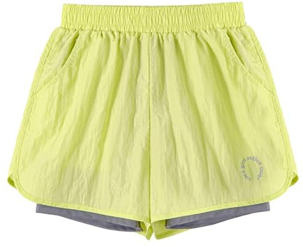 Rolanko sportshorts för flickor, 2 i 1, atletisk löpning, cykling, gym, aktiv sommar, joggingshorts med fickor, NEONGULT, 11-12 År