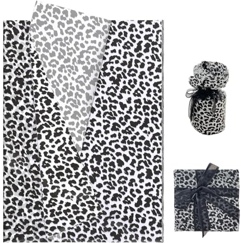 Hjvvr Carta da regalo con stampa leopardata, 30 fogli di carta velina con stampa animalier in bianco e nero, 50 x 35 cm, motivo leopardato