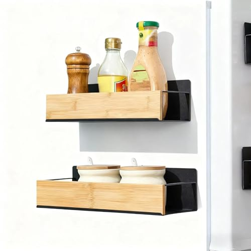 SHENGYIG 2 Stück Gewürzregal Magnetisch, Kohlenstoffstahl Magnetregale | Schwarze Gewürzregal Ohne Bohren, 2 Größen Magnetisches Regal, für Kühlschrank, Mikrowelle, Waschmaschine