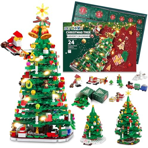 Calendario dell'Avvento 2025 per bambini, albero di Natale, giocattolo da costruzione con catena di luci a LED, calendario di Natale, 1100 pezzi+, giocattolo per conto alla rovescia, una scatola al