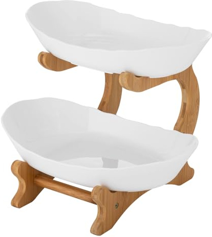 Cestas de frutas con 2 niveles, frutero de plástico con estante de madera, plato de frutas, fruta, fruta, aperitivos, verduras, postres, color blanco
