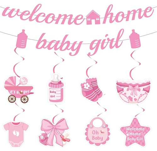 Willkommen Zuhause Baby Deko Mädchen - 10 Stück Rosa Welcome Home Banner Hängend Wirbel Girlande Herzlich Wilkommensdeko Babyparty Baby Shower Dekoration Kleinkinderzimmer Home Deko