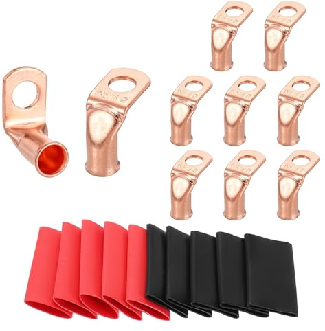 sourcing map 10pcs 4 Awg 90° Bent Copper Lugs Battery Cable Ends, 4 Gauge 5/16 Stud Battery Lugs Ring Terminal Connector with 10pcs 3:1 Black & Red Heat Shrink Tubing