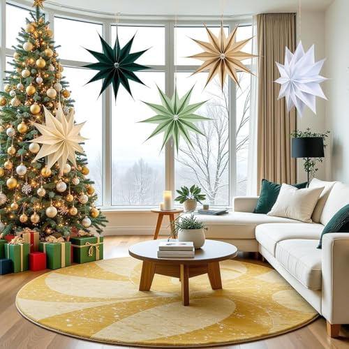 5 Stück Papiersterne zum Aufhängen 29cm Salbeig Papiersterne Weihnachten Zwölf Ecken Weihnachtssterne Braun Weiß Dunkelgrün Weihnachtsdeko Tischdeko für Zimmer Hochzeit Geburtstag