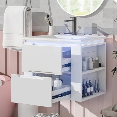 Solisburne Mobile Bagno Sospeso con Lavabo 60x46x48.5 cm, Mobile Lavabo in Ceramica con 2 Cassetti e 2 Ripiani Laterali, Mobiletto Bagno Moderno Laccato Bianco