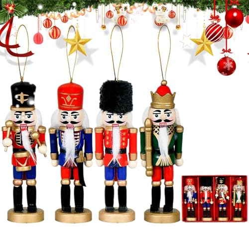 Adornos de cascanueces – Soldado cascanueces de 1.73 x 1.42 x 5.24 pulgadas para centro de mesa de vacaciones, juego de 4 piezas con pantalla de chimenea, decoración de árbol de Navidad para