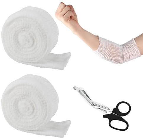 Scettar 2 Pezzi Benda a Rete Tubolare Elastica, 2.5 x 200 cm Garze Sterili per Medicazione, Benda Elastica Tubolare con Forbici Mediche, Adatta per Gambe, Mani e Piedi