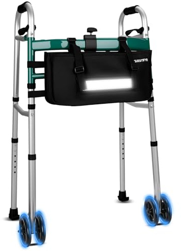 Folding Dual-Wheel Walker for Seniors with Motion Sensor Night Light & Storage Bag, Lightweight Adjustable Aluminum Walker for Elderly and Disabled, Compact Design for Small Spaces, Supports 350 lbs