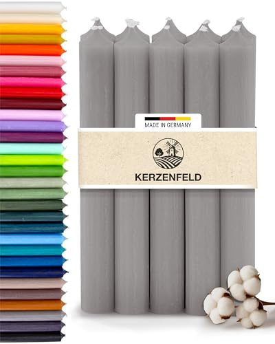 Bunte Stabkerzen Durchgefärbte, 10 Stück, 180mm x 22mm, Spitzkerzen, 8+ Stunden Brenndauer, Made in Germany - Ohne Tropfen & Rußen - Unparfümierte und RAL-Zertifizierte Tafelkerzen (Grau)
