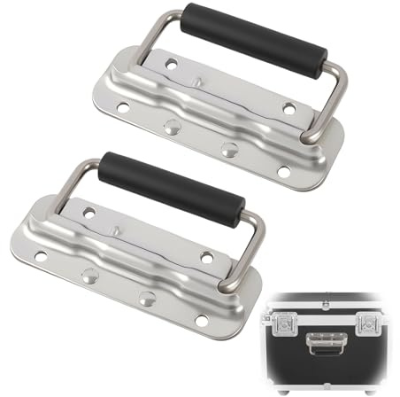 2 Pcs Box Handles, 122x42mm Spring Folding Metal Chest Handle with Rubber Grip, Durable Toolbox Flight Case Luggage Hardware Heavy Duty Replacement Handles for Storage Boxes Equipment Cases Cabinets