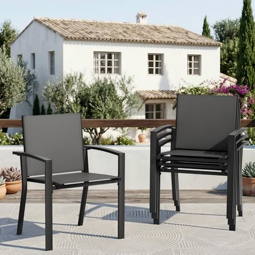 Amopatio Gartenstühle Stapelbar 4er Set, Gartenstuhl mit Armlehnen Anthrazit-Balkonstuhl Wetterfest, Stapelstühle, Terrassenstühle Wetterfest 160kg Belastbar, Garten Stühle für Balkon, Terrasse