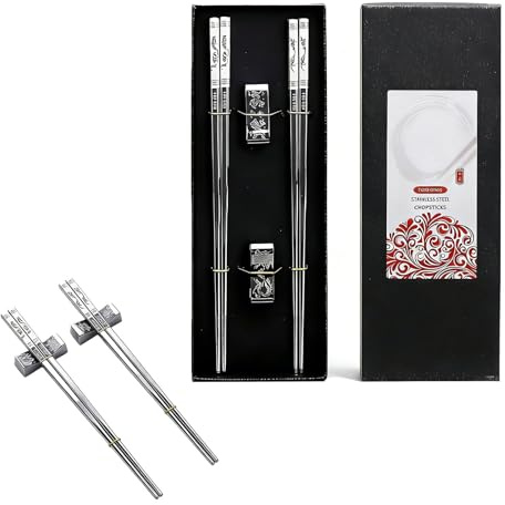 Juego de Regalo con 2 Pares de Palillos y 2 Soportes para Cubiertos en Acero Inoxidable 304 - Diseño Elegante con Pulido Espejo para Combinación de Estilo y Funcionalidad en Caja de Regalo