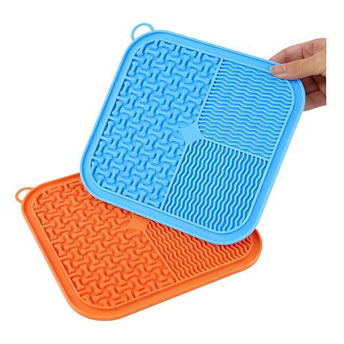 RQzaufania 2-pack långsam matare slickmattor för katter och hundar, mjuk silikon, stark sugkopp, multifunktionella skiljeväggar för att lindra ångest. (Orange och blå)