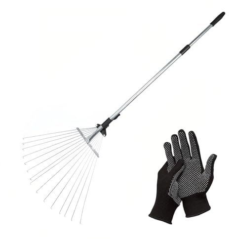 Rastrillo para jardín, escoba abanica, rastrillo de césped, rastrillo de jardín, ajustable con mango, 15 dientes con barra de metal ajustable y guantes para limpiar plantas, césped y patio