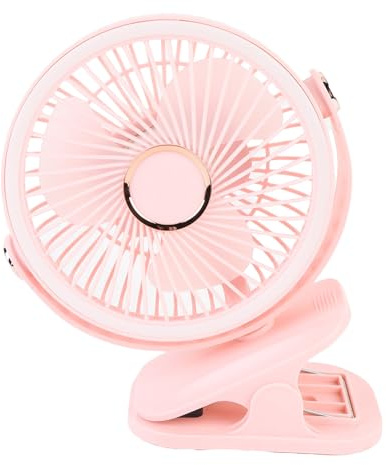 Omquot - Ventilador de escritorio portátil pequeño con pinza, 5 ajustes de velocidad, 3 niveles de brillo, recargable (rosa)
