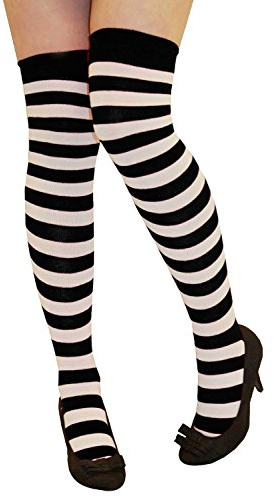 New Womens Over Knee Long Horizontal Stripe Print Ladies Thigh High Striped Patterned Overknee Socks Black & White