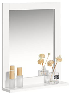 SoBuy Bathroom Wall Mirror 40cm Wide with Storage Shelf | Wooden Wall Mounted Mirror with Modern Design for Small Spaces, White, W40 x D10 x H49cm, FRG129-W